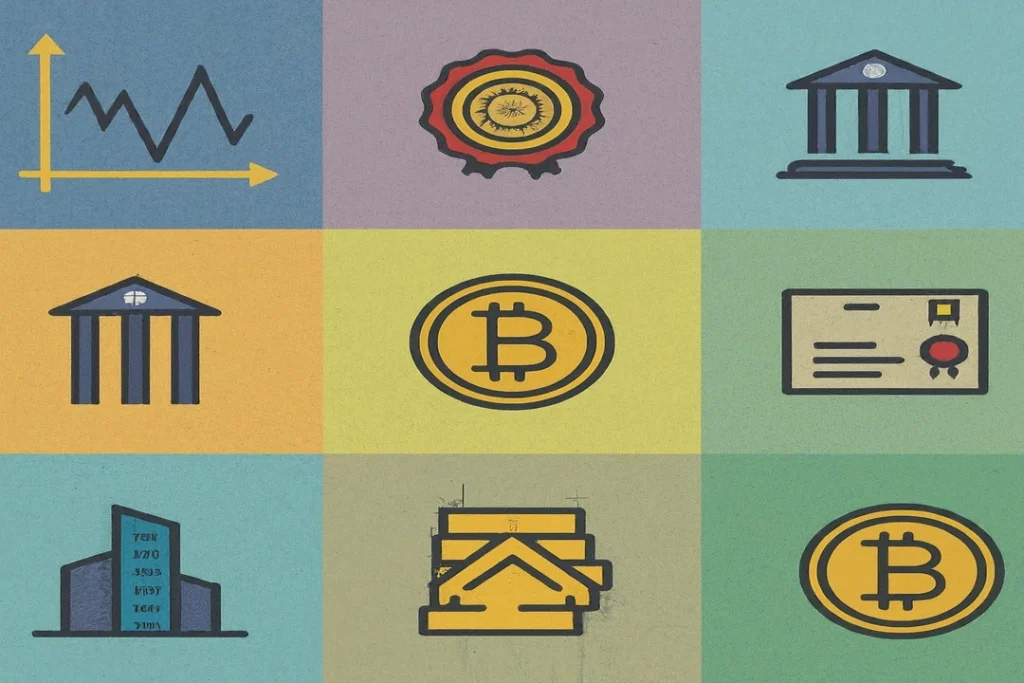  Icons representing stocks, bonds, mutual funds, real estate, and cryptocurrencies.