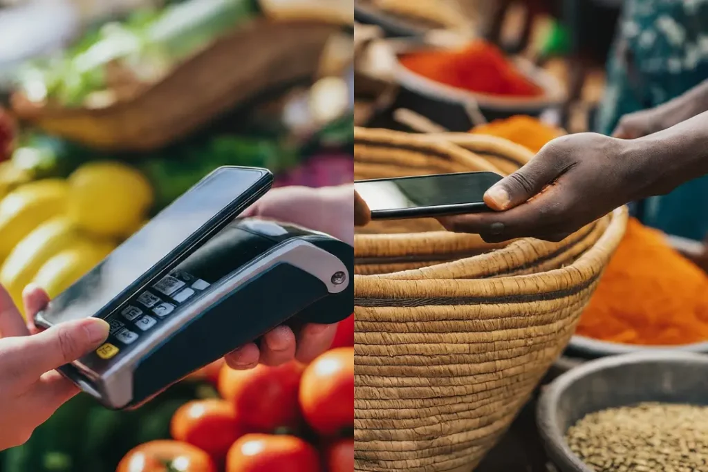 A close-up of a person using a mobile phone to make a payment at a local market